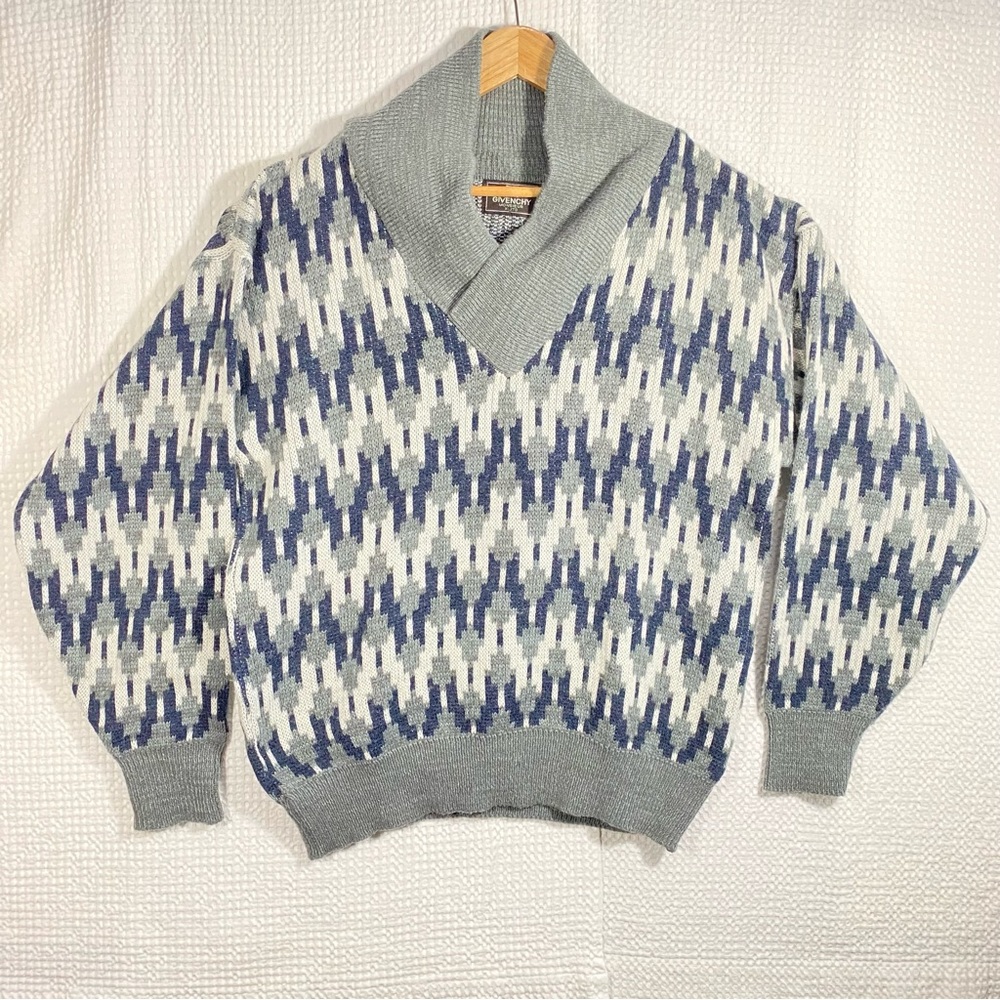 Vintage. '80's GIVENCHY Monsieur Shawl Neck Grey Geometric Pattern Mens Size XL